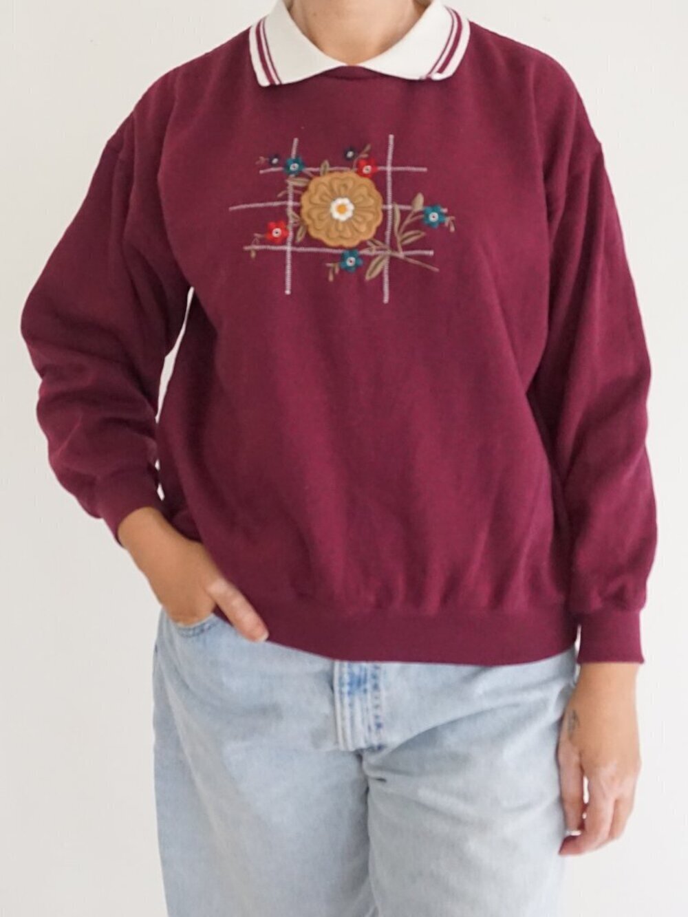 Vintage Classic Elements Burgundy Sweatshirt Cottagecore Twee Embroidered M